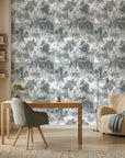 Dusk Foliage serene grey botanical wallpaper as a feature wall in a bright home office
