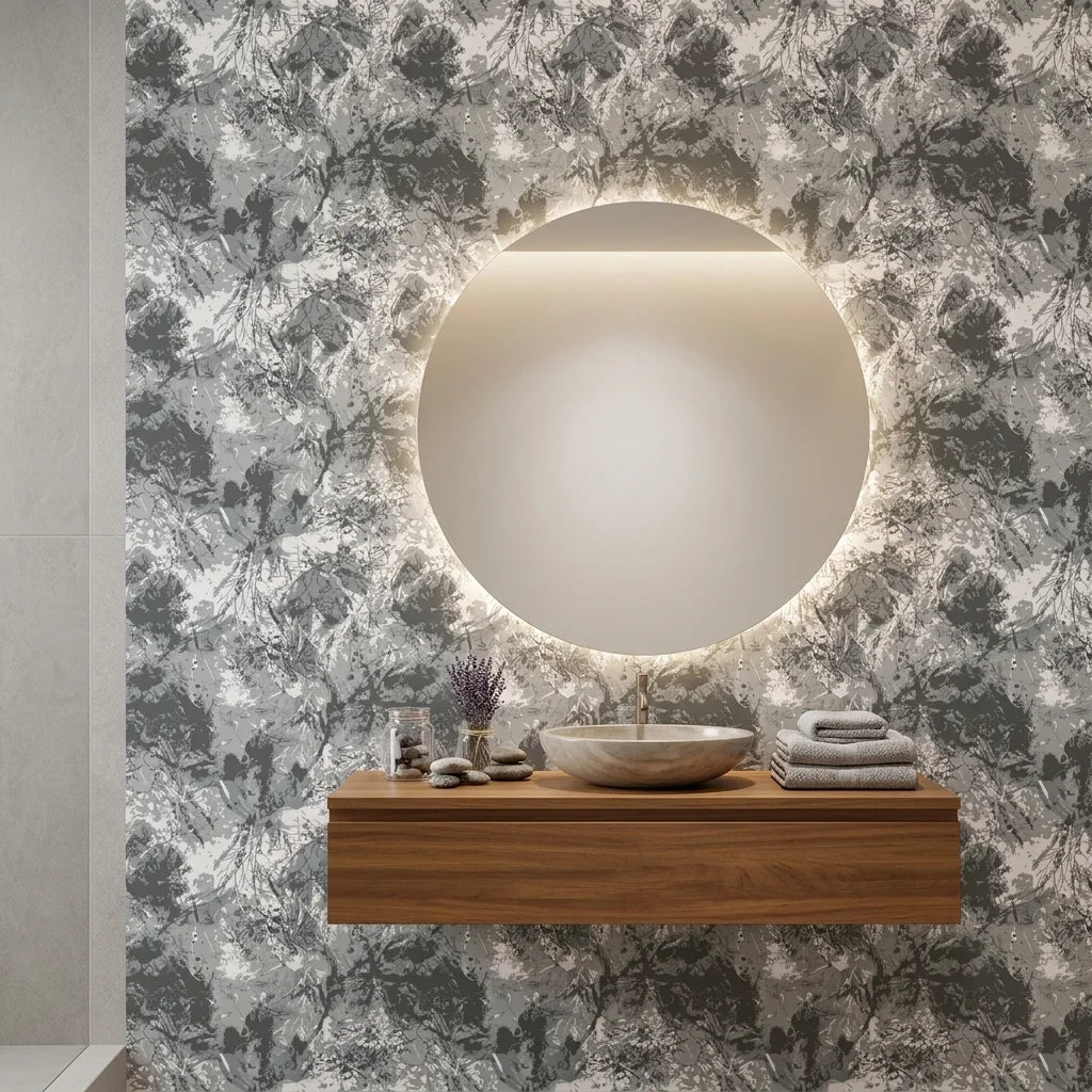 Dusk Foliage serene grey botanical wallpaper creating ambiance in a serene bathroom