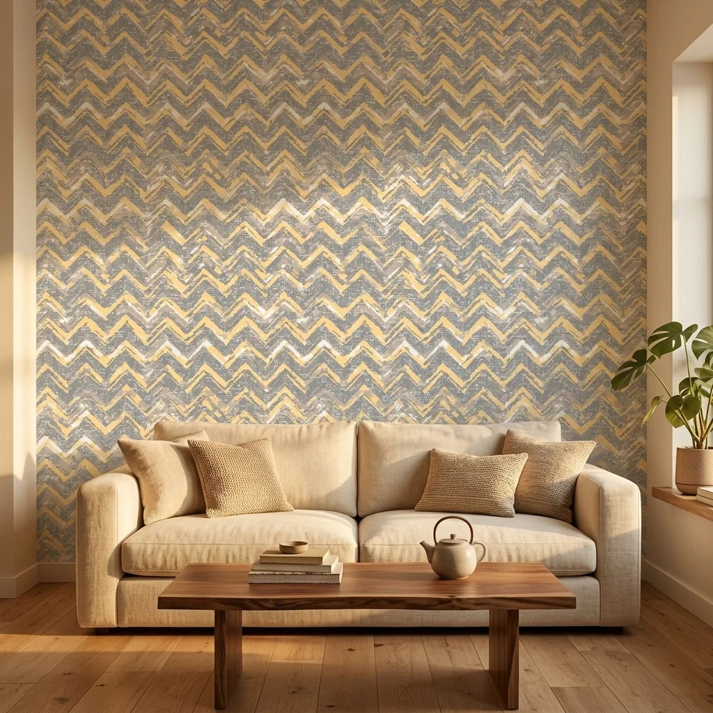 Dusk Passage grey and gold geometric wallpaper in a warm and inviting living room