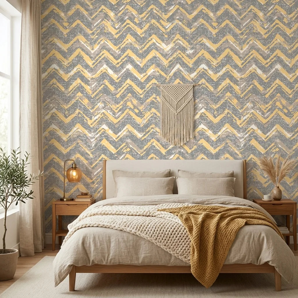 Dusk Passage grey and gold geometric wallpaper adding character to a cozy bedroom