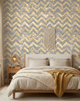 Dusk Passage grey and gold geometric wallpaper adding character to a cozy bedroom
