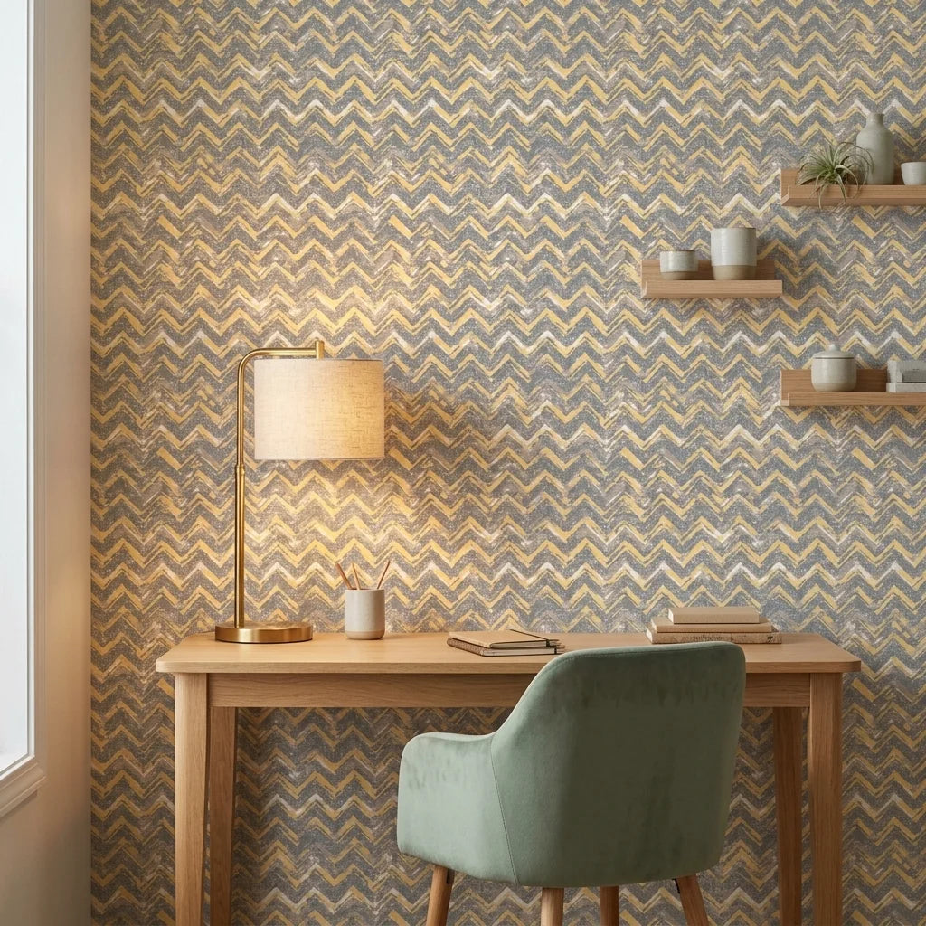Dusk Passage grey and gold geometric wallpaper as a feature wall in a bright home office