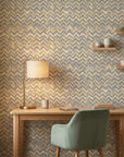 Dusk Passage grey and gold geometric wallpaper as a feature wall in a bright home office