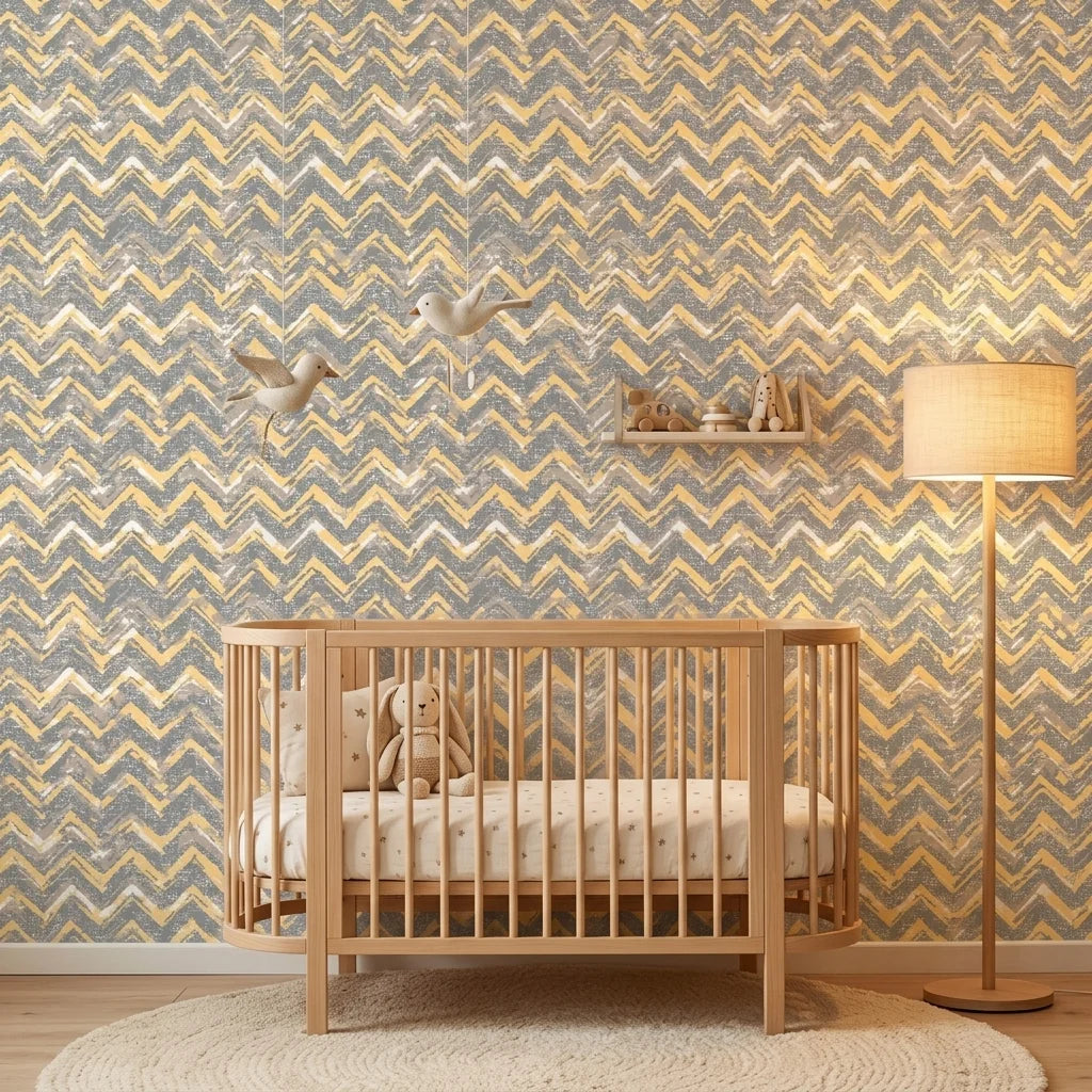 Dusk Passage grey and gold geometric wallpaper bringing warmth to a peaceful nursery