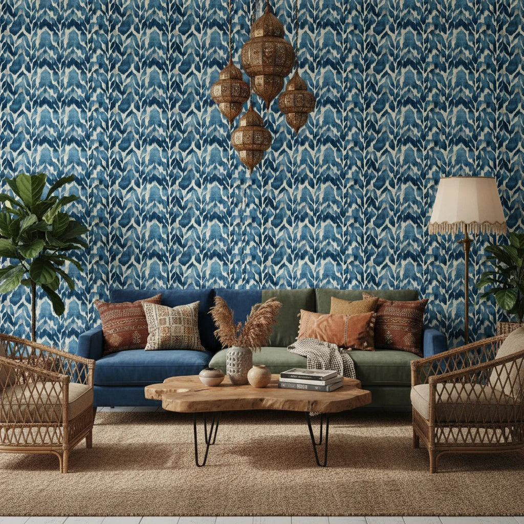 Dusk Feather indigo ikat leaf wallpaper in a warm and inviting living room