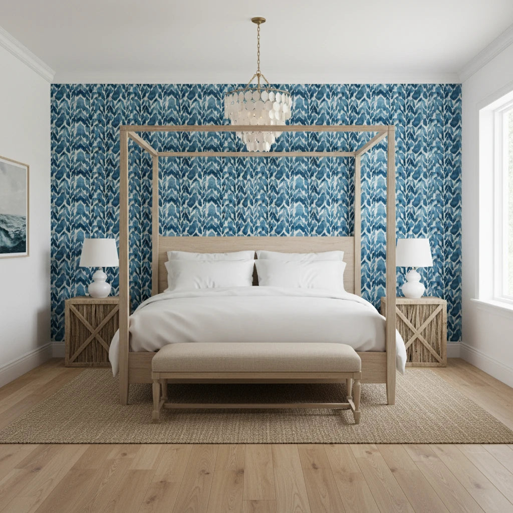 Dusk Feather indigo ikat leaf wallpaper adding character to a cozy bedroom