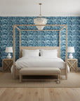 Dusk Feather indigo ikat leaf wallpaper adding character to a cozy bedroom