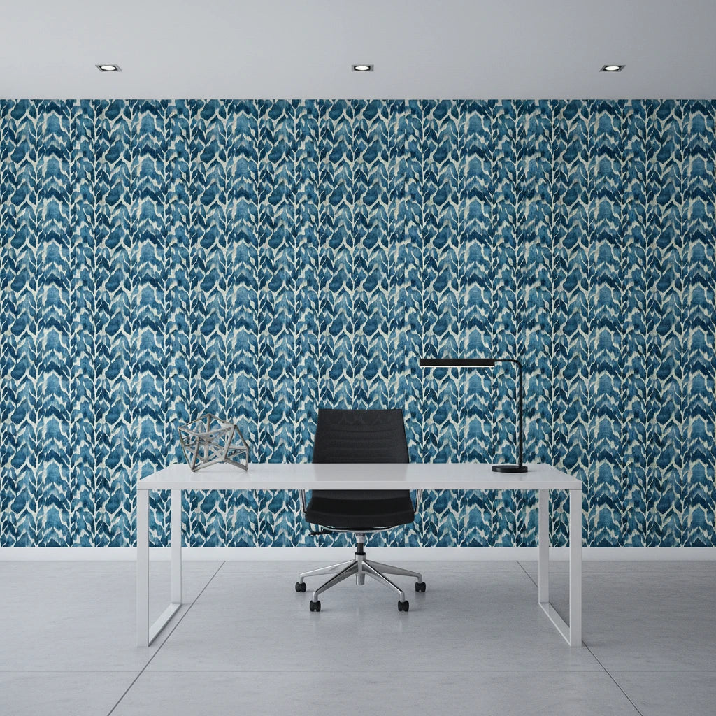 Dusk Feather indigo ikat leaf wallpaper as a feature wall in a bright home office