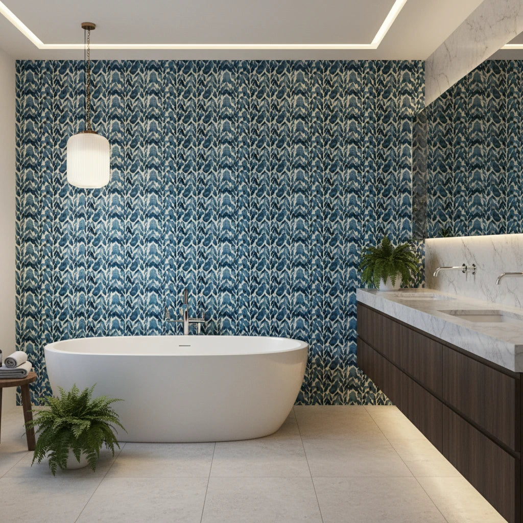 Dusk Feather indigo ikat leaf wallpaper creating ambiance in a serene bathroom