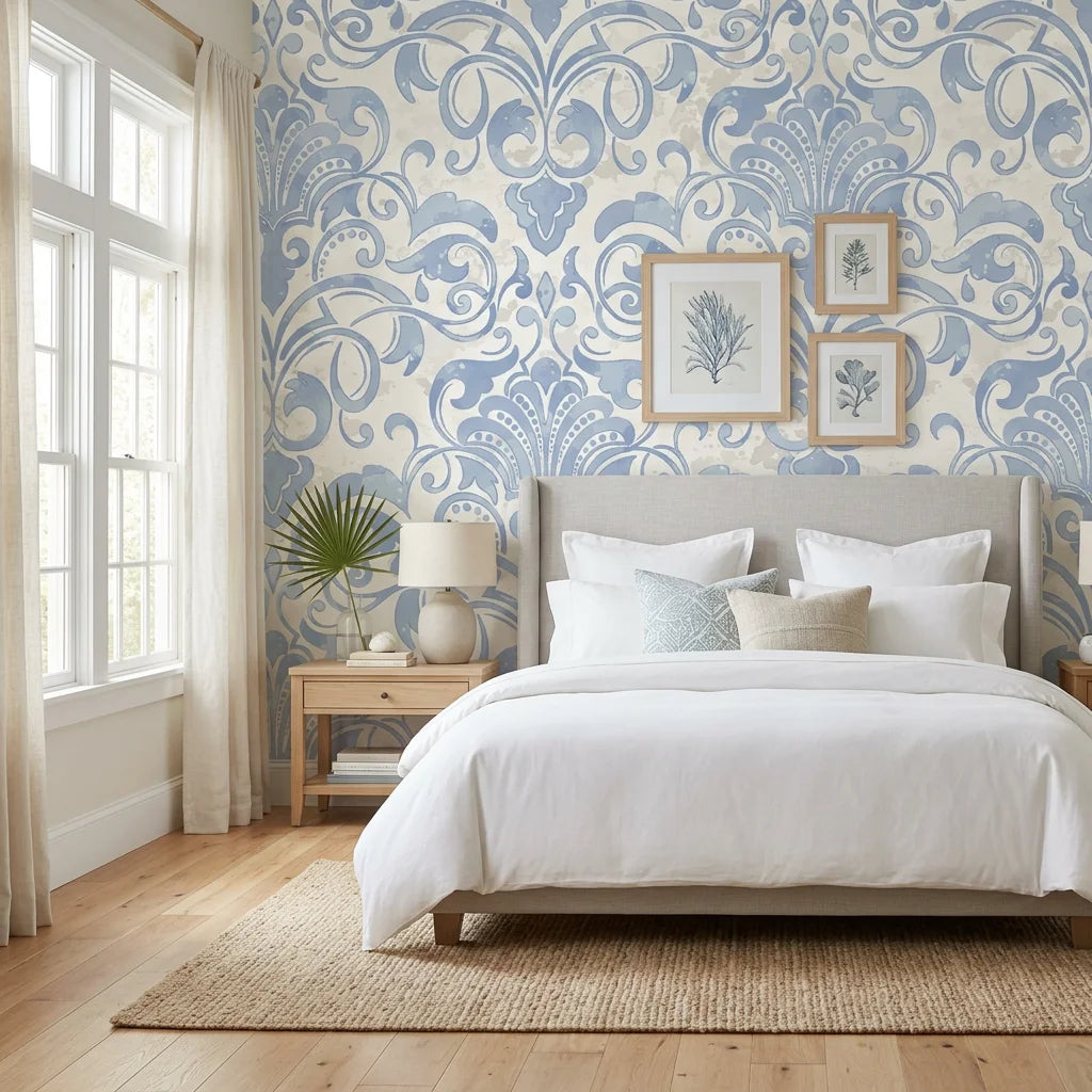 Dusky Garden Waltz soft blue damask wallpaper adding character to a cozy bedroom
