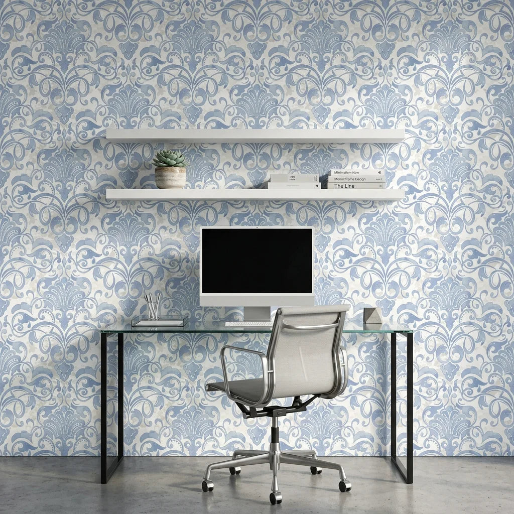 Dusky Garden Waltz soft blue damask wallpaper as a feature wall in a bright home office