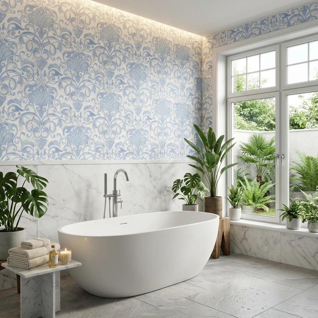Dusky Garden Waltz soft blue damask wallpaper creating ambiance in a serene bathroom