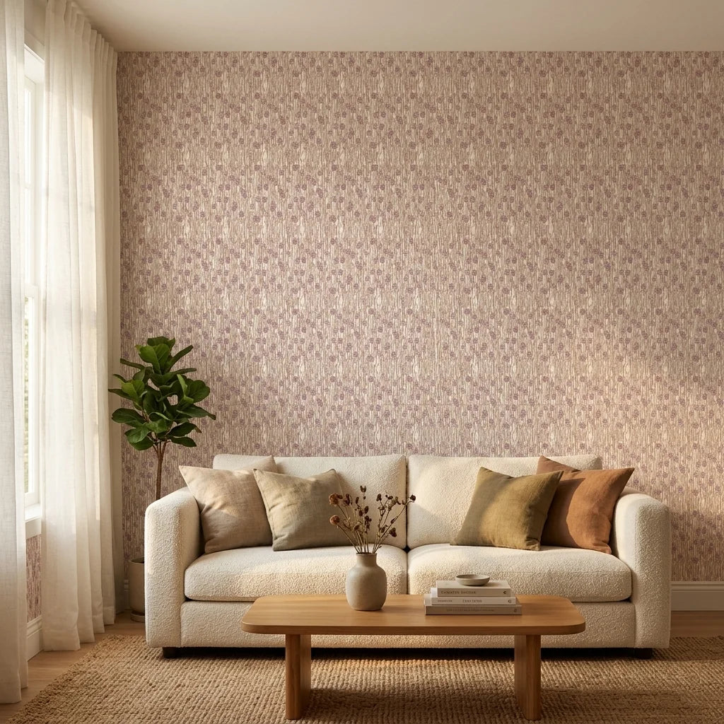 Dusky Stem pink and taupe floral wallpaper in a warm and inviting living room