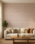 Dusky Stem pink and taupe floral wallpaper in a warm and inviting living room