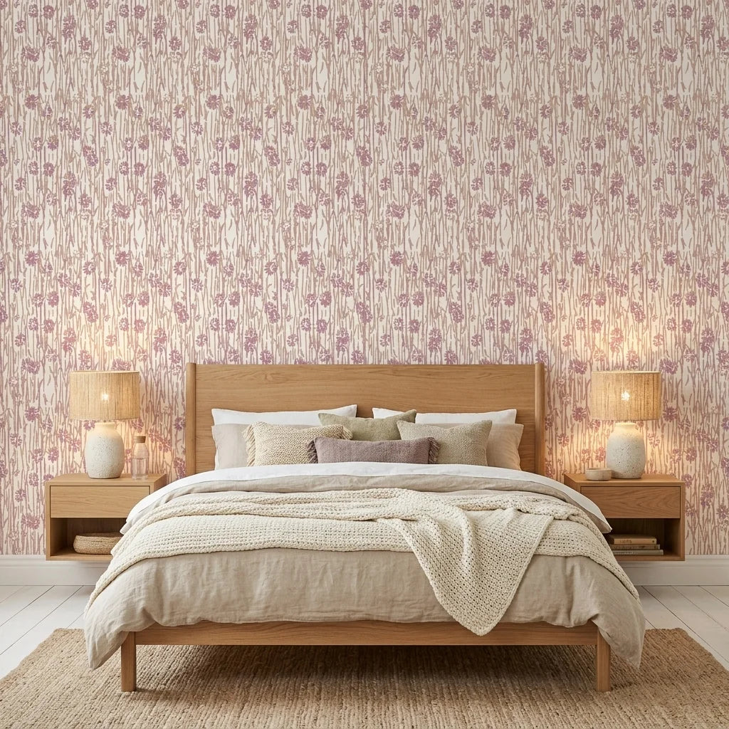 Dusky Stem pink and taupe floral wallpaper adding character to a cozy bedroom