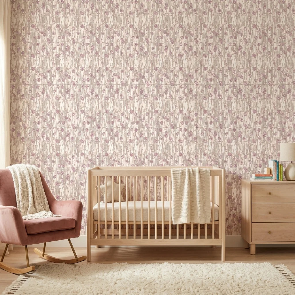 Dusky Stem pink and taupe floral wallpaper as a feature wall in a bright home office