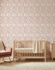 Dusky Stem pink and taupe floral wallpaper as a feature wall in a bright home office