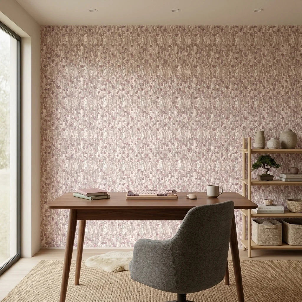 Dusky Stem pink and taupe floral wallpaper creating ambiance in a serene bathroom