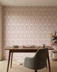 Dusky Stem pink and taupe floral wallpaper creating ambiance in a serene bathroom