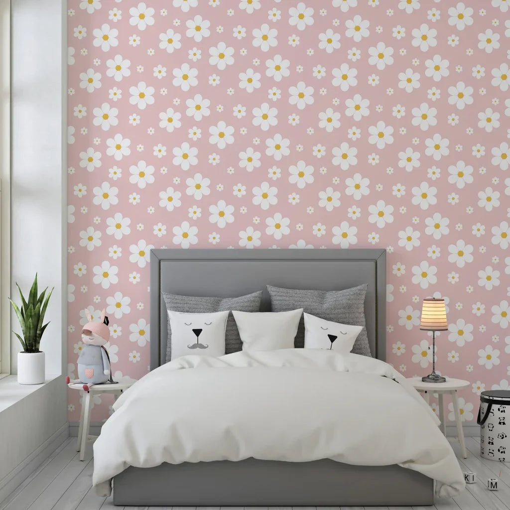 Soft pink and white daisy pattern on a smooth self-adhesive wall covering - Dusky Bloom