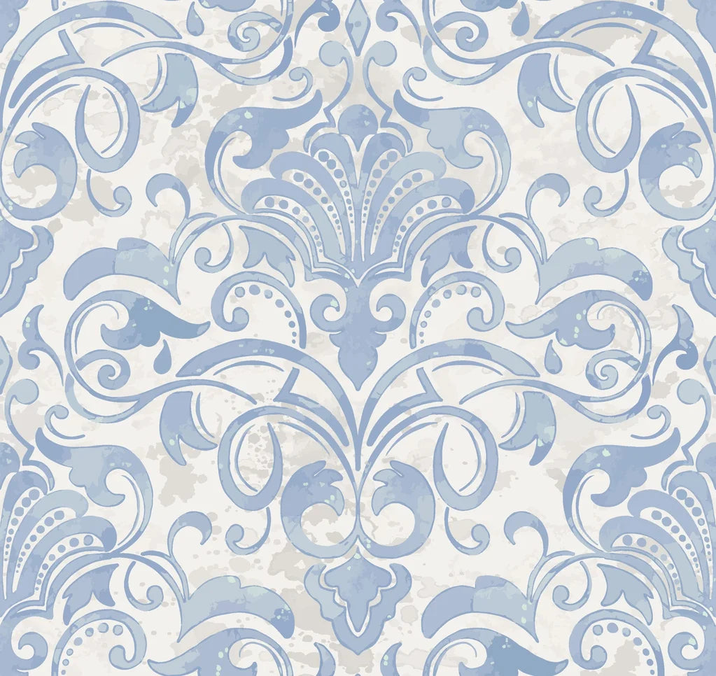 Elegant Dusky Garden Waltz wallpaper featuring blue damask scrollwork on cream background with vintage watercolor texture