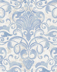 Elegant Dusky Garden Waltz wallpaper featuring blue damask scrollwork on cream background with vintage watercolor texture