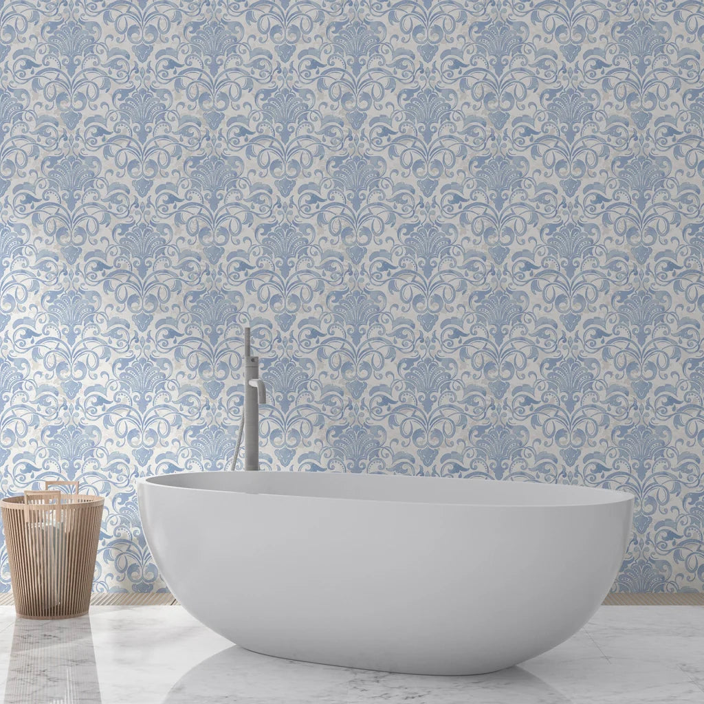 Powder blue and cream Dusky Garden Waltz damask wallpaper behind modern freestanding bathtub