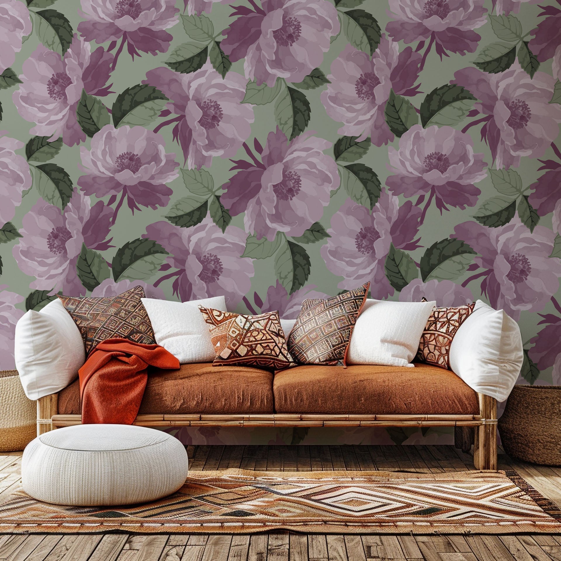Mauve rose floral wallpaper with a painterly texture on a sage background - Dust Bloom