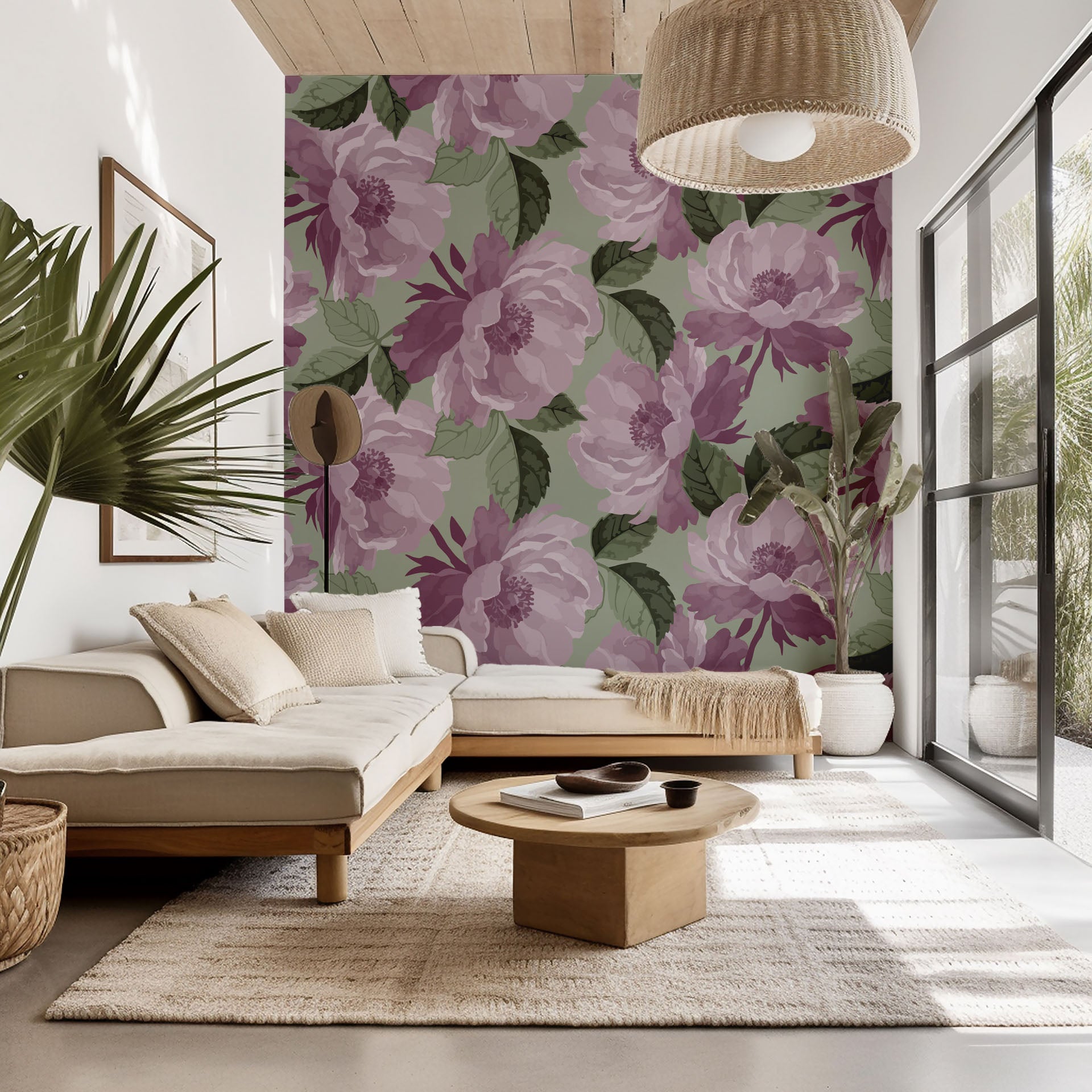 Artistic floral wall covering featuring mauve roses set against a sage green backdrop (Dust Bloom)