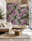 Artistic floral wall covering featuring mauve roses set against a sage green backdrop (Dust Bloom)
