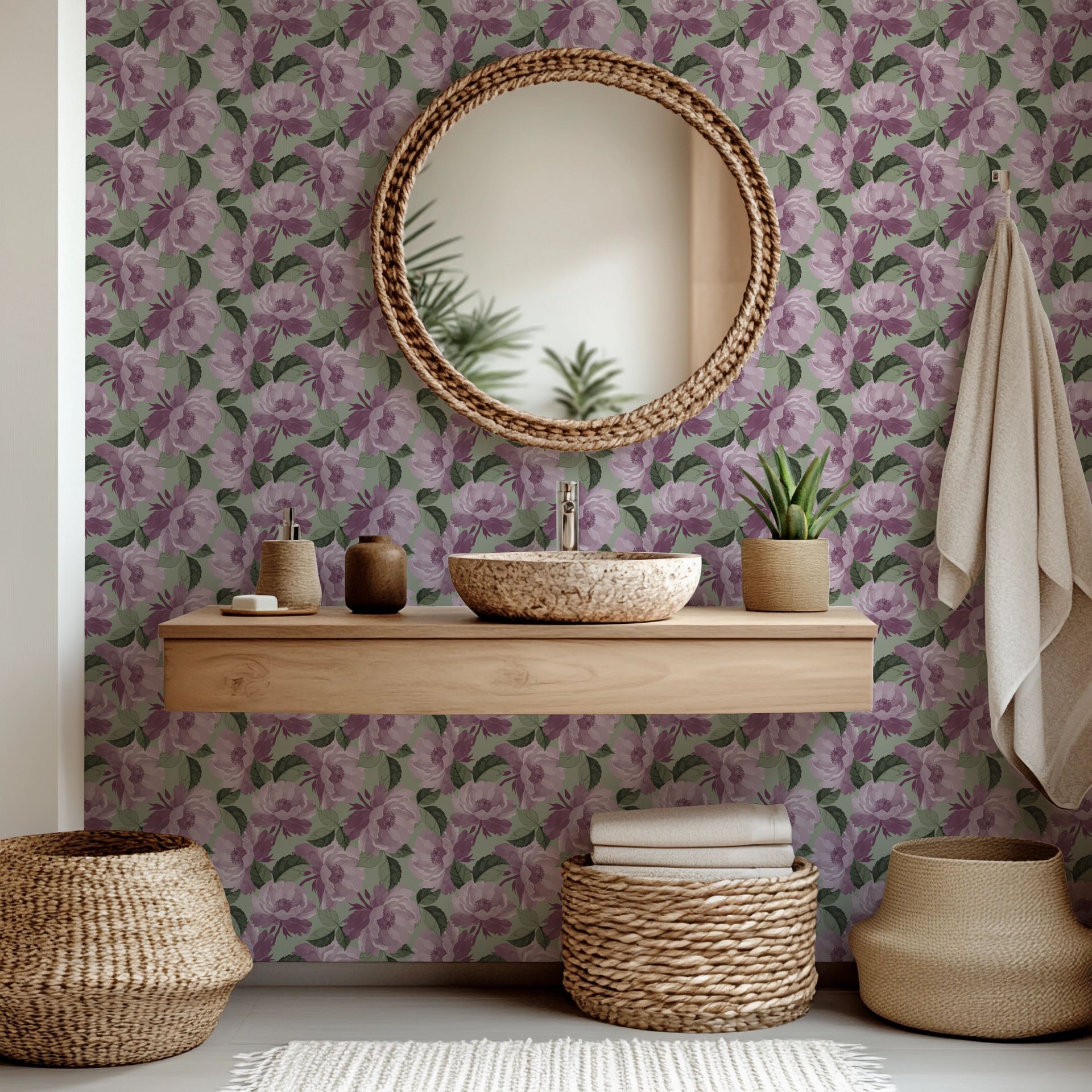 Sage green backdrop featuring painterly mauve roses in a floral wallpaper pattern - Dust Bloom