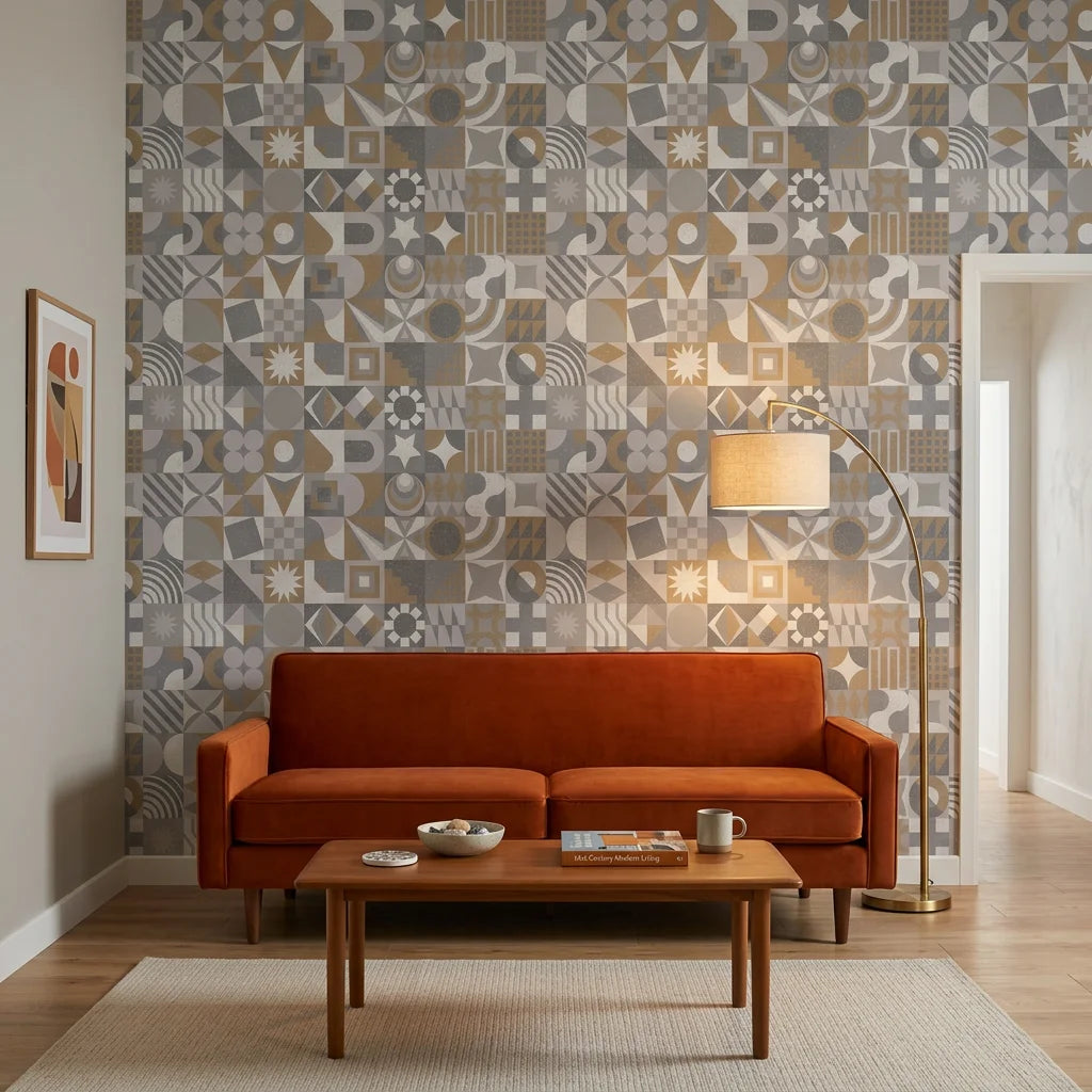 Dust &amp; Form grey geometric mosaic in a warm and inviting living room