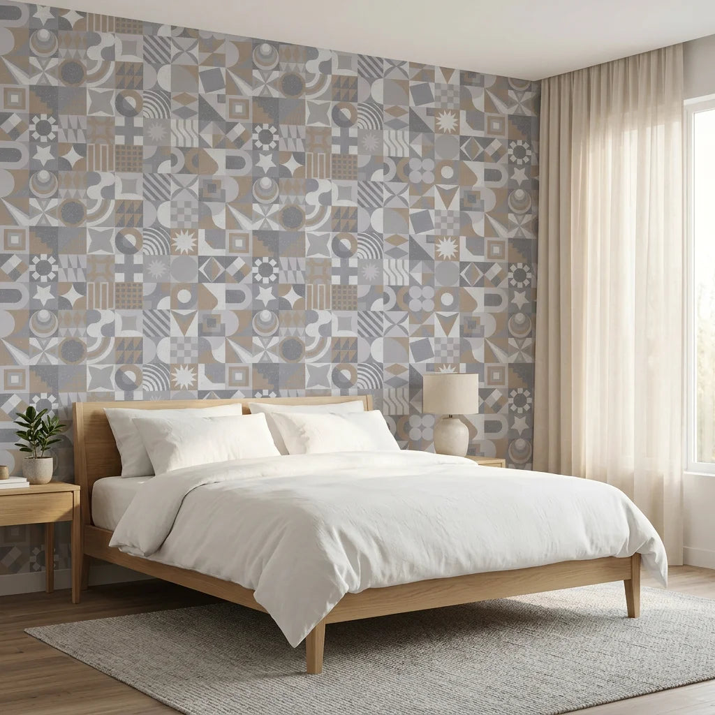Dust &amp; Form grey geometric mosaic adding character to a cozy bedroom