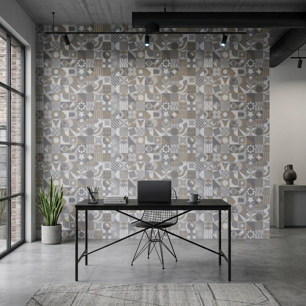 Dust &amp; Form grey geometric mosaic as a feature wall in a bright home office