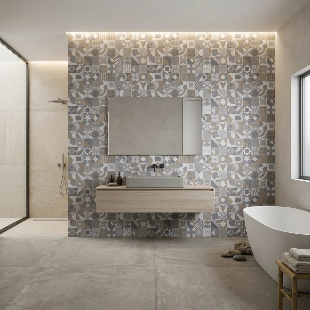 Dust &amp; Form grey geometric mosaic creating ambiance in a serene bathroom