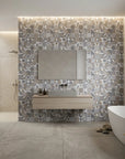 Dust & Form grey geometric mosaic creating ambiance in a serene bathroom