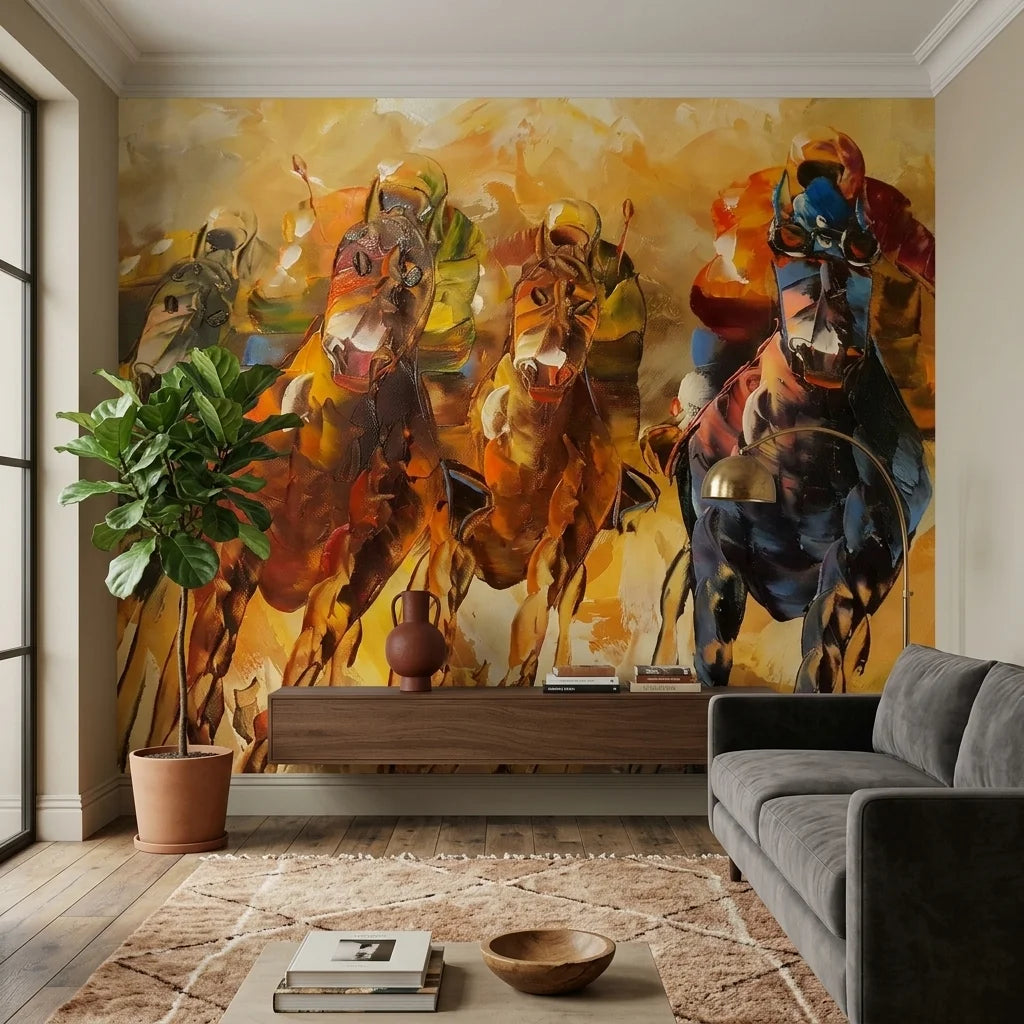 Textured equestrian horse racing painterly peel and stick wallpaper - Dust & Thunder