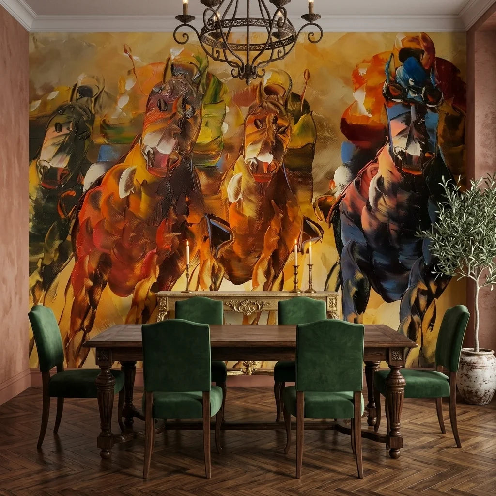 Dust & Thunder equestrian horse racing painterly wallpaper in a warm and inviting living room