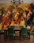 Dust & Thunder equestrian horse racing painterly wallpaper in a warm and inviting living room