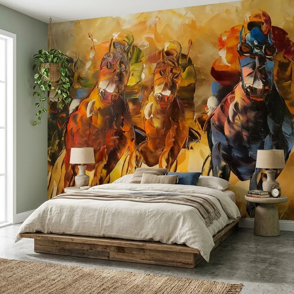 Dust & Thunder equestrian horse racing painterly wallpaper adding character to a cozy bedroom