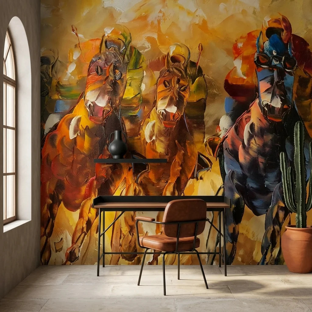 Dust & Thunder equestrian horse racing painterly wallpaper as a feature wall in a bright home office