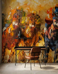 Dust & Thunder equestrian horse racing painterly wallpaper as a feature wall in a bright home office