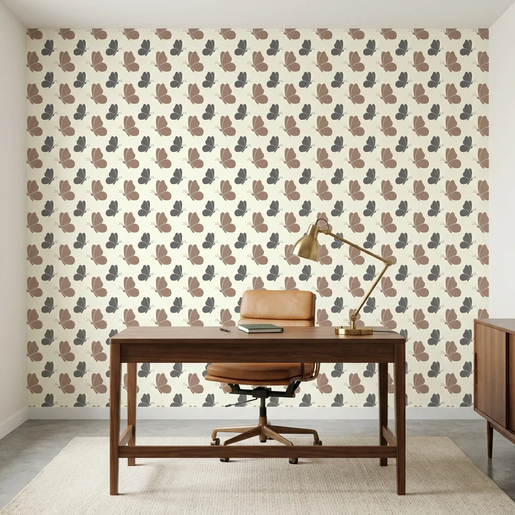 Dust &amp; Wing dusty rose butterfly as a feature wall in a bright home office
