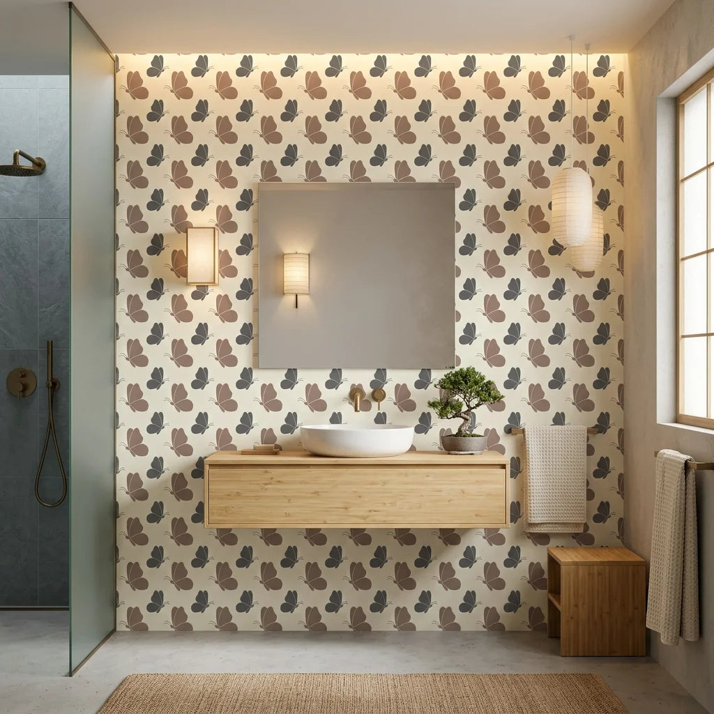 Dust &amp; Wing dusty rose butterfly creating ambiance in a serene bathroom