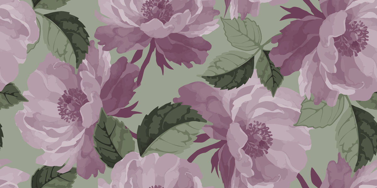 Hand-painted wallpaper featuring mauve roses and blooms on a soft sage green backdrop (Dust Bloom)