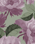 Hand-painted wallpaper featuring mauve roses and blooms on a soft sage green backdrop (Dust Bloom)