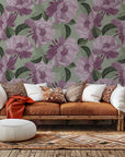 Mauve rose floral wallpaper with a painterly texture on a sage background - Dust Bloom