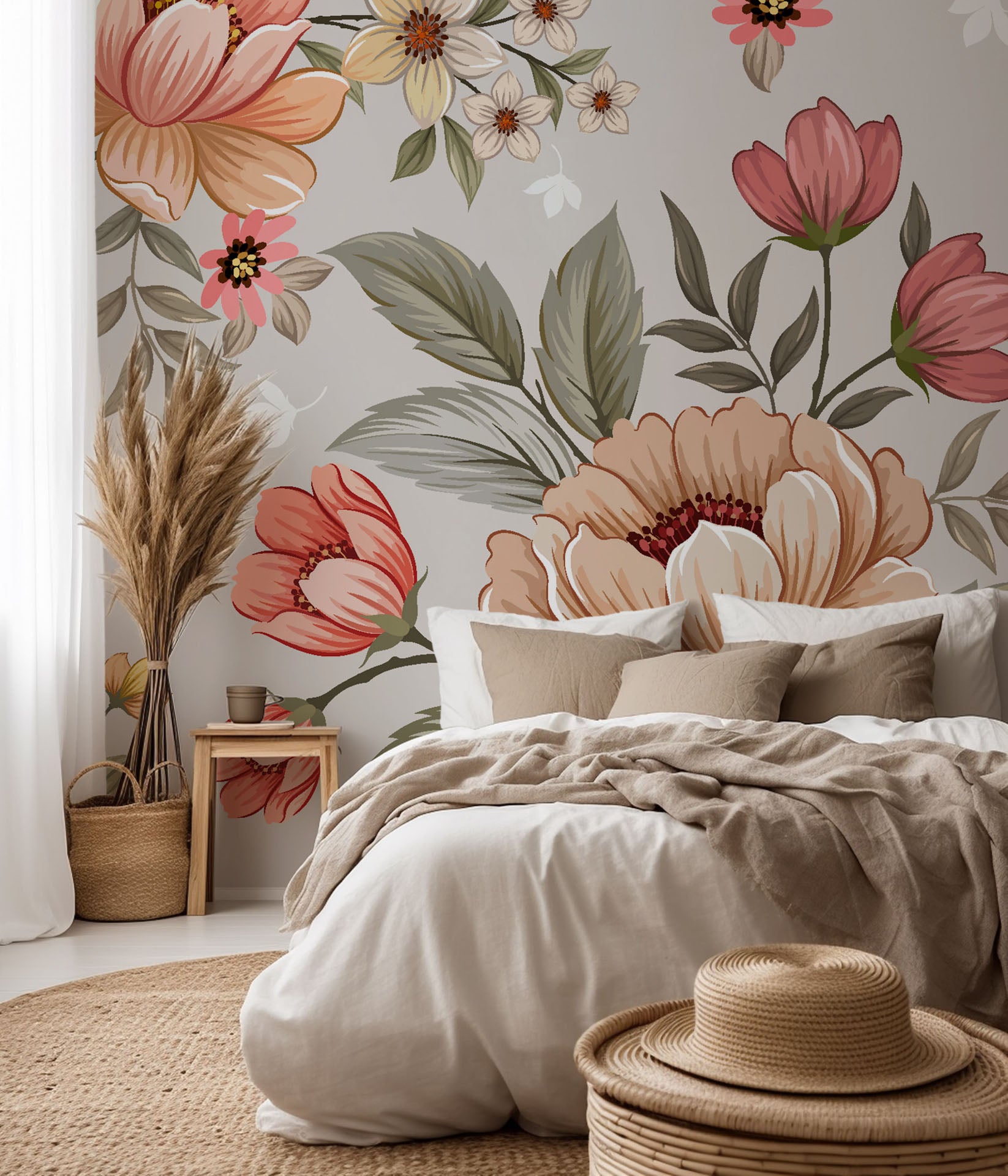 Peach and pink flower bouquets set against classic vintage wallpaper—the Dusty Bloom pattern