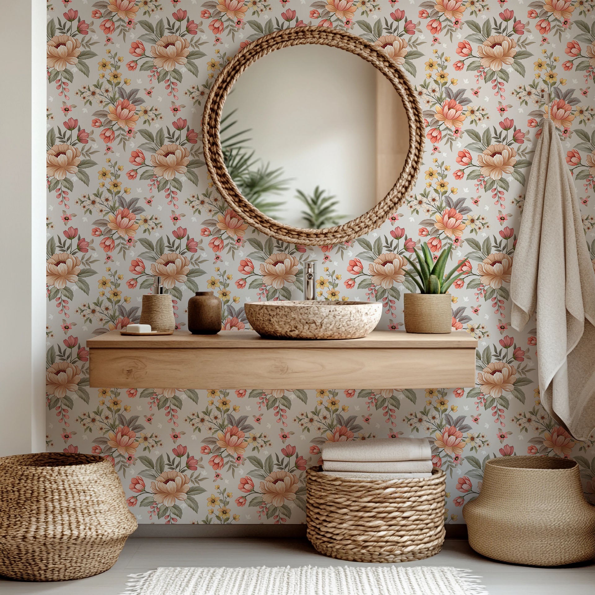 The "Dusty Bloom" wall covering, a retro floral design with arrangements of pink and peach flowers