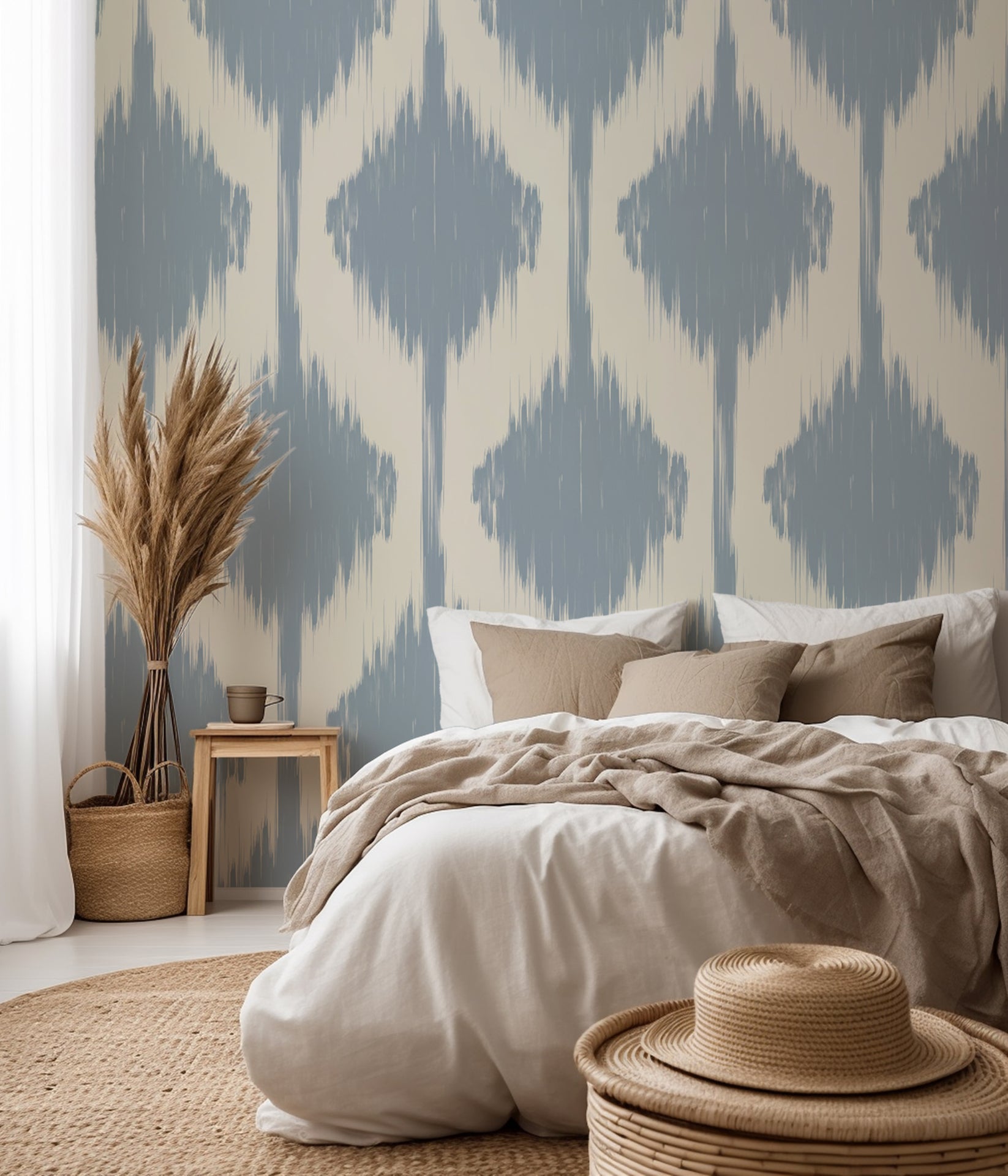 Soft blue ikat wallpaper with blurred diamond shapes in a repeating pattern on a warm off white background.